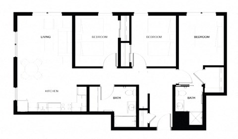 Floor plan for 3 beds, 2 baths, 1143 sqft